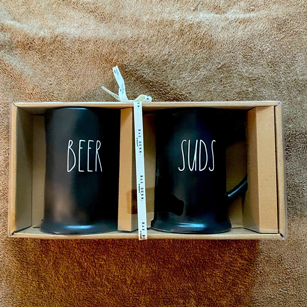 NWT Rae Dunn “Beer” and “Suds” 20oz Black Mugs